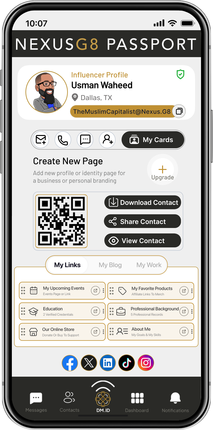NexusG8 Passport showing an owned profile, contact tools, QR code, links, credentials, products, events, and connected social platforms